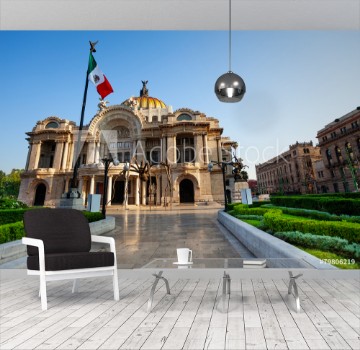 Picture of Palace of fine arts facade and Mexican flag